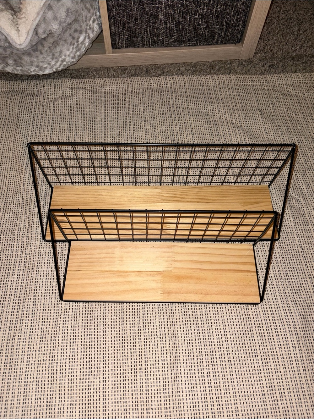 Two Black Wire and Natural Wood Shelves